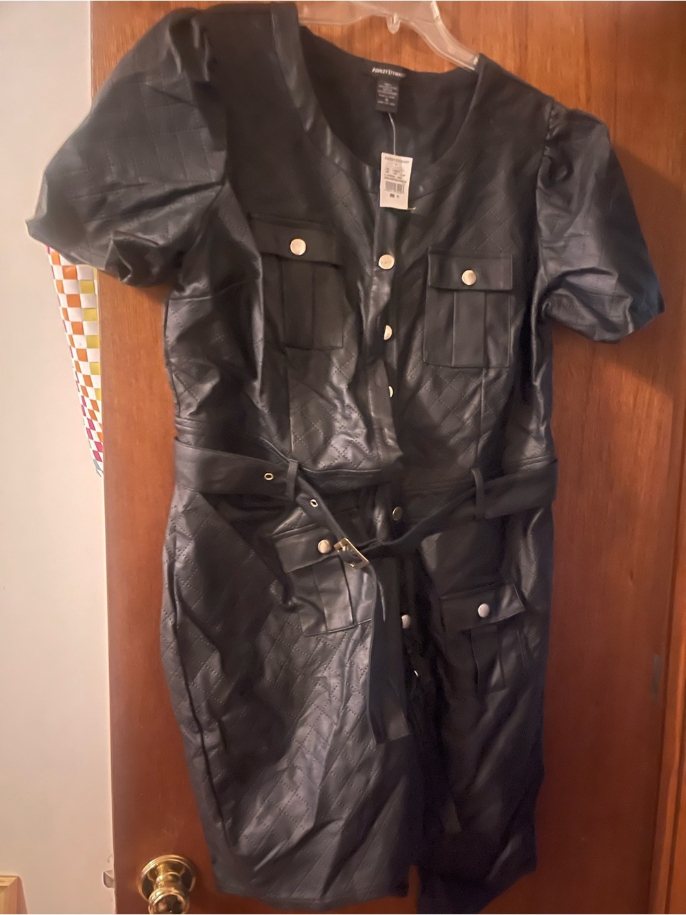 Ashley Stewart Black Faux Leather Belted Kids Dress